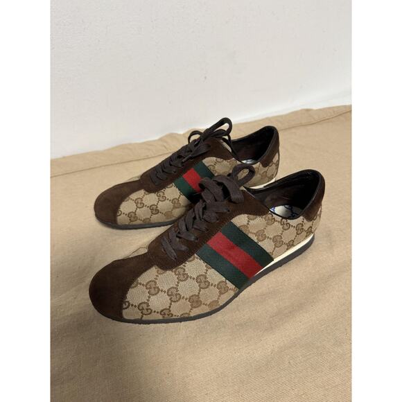 Gucci Shoes Mens Size 8.5 Brown GG Canvas Suede Web Stripe Made in Italy 117711 - Picture 1 of 10